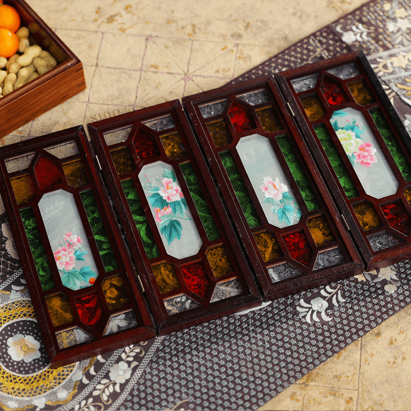 Hand Embroidery Peony Flower Rosewood Cantonese Mansion Window Ornament - SinoCultural -- BXL06WCS174A07 - 