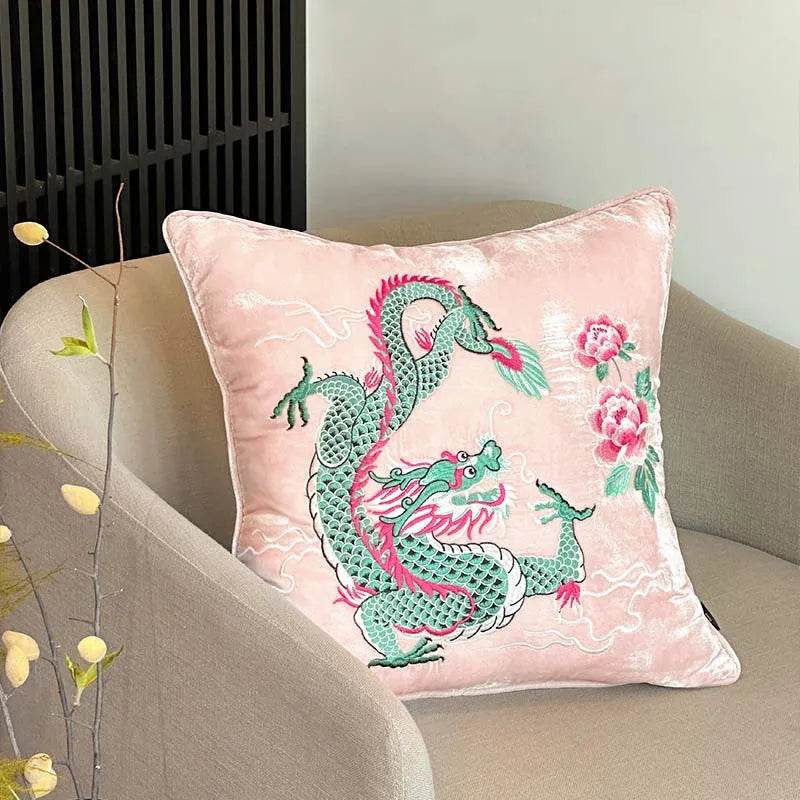 Chinoiserie Embroidery Loong and Peony Pink Throw Pillow - SinoCultural