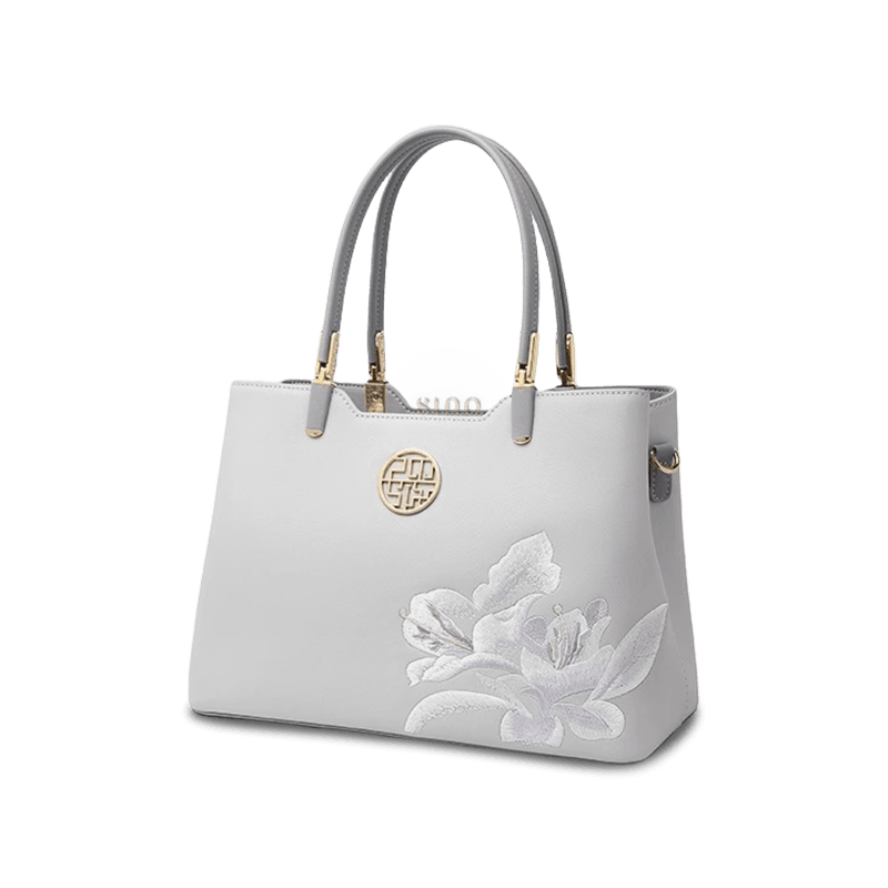Embroidery Leather Grey Tote Bag Azalea Women Handbag - SinoCultural