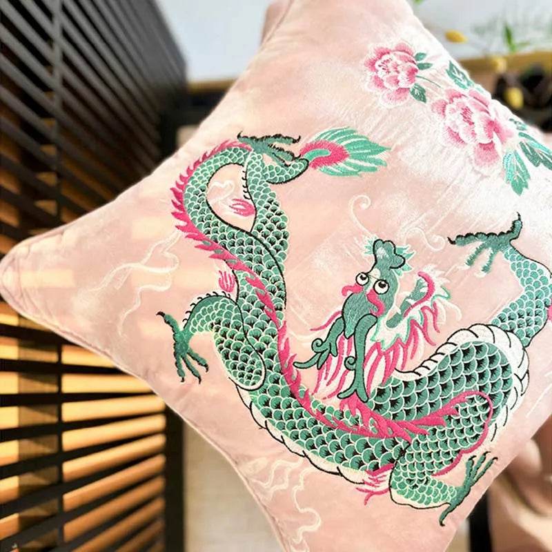 Chinoiserie Embroidery Loong and Peony Pink Throw Pillow - SinoCultural