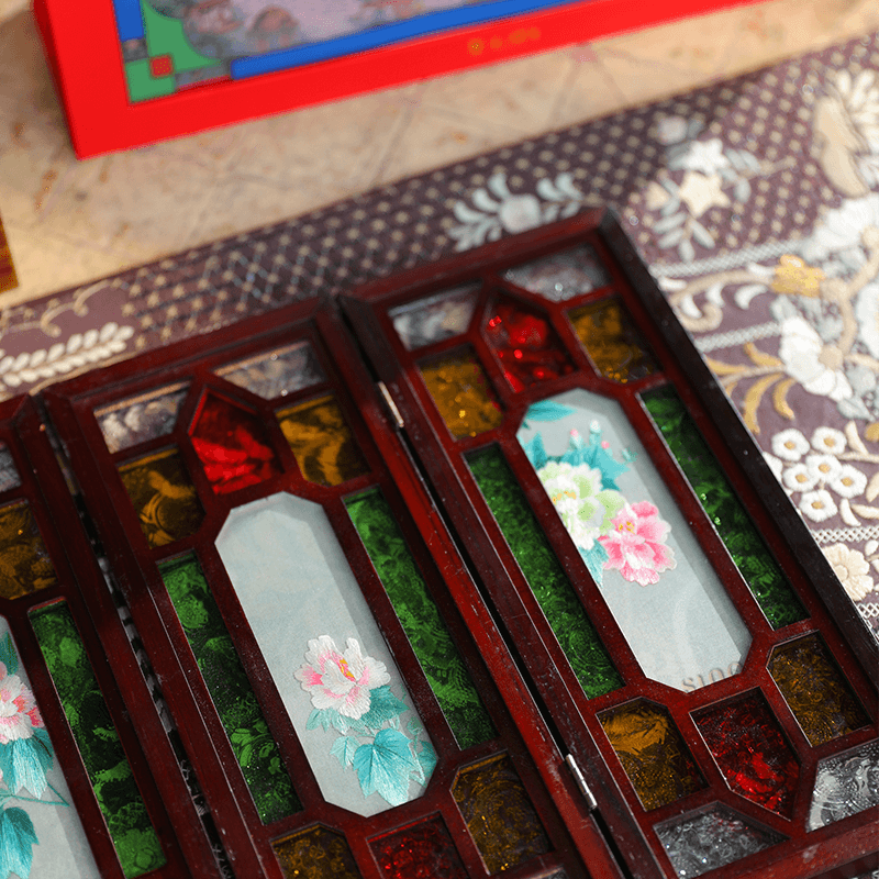 Hand Embroidery Peony Flower Rosewood Cantonese Mansion Window Ornament - SinoCultural -- BXL06WCS174A07 - 
