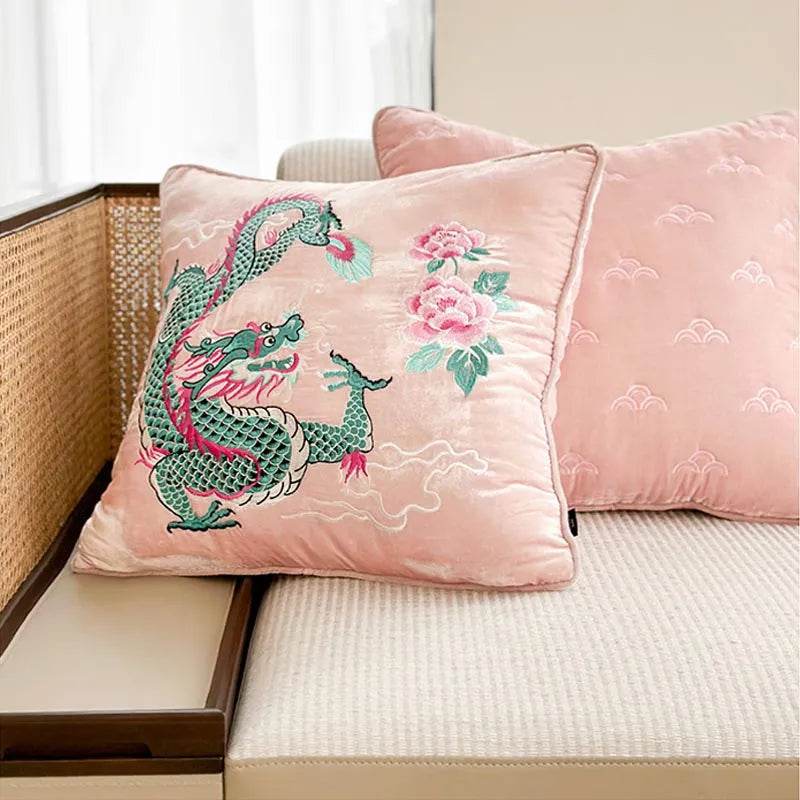Chinoiserie Embroidery Loong and Peony Pink Throw Pillow - SinoCultural