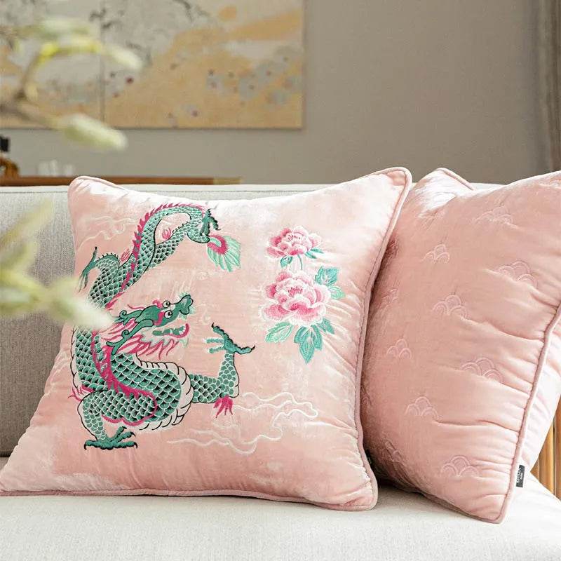 Chinoiserie Embroidery Loong and Peony Pink Throw Pillow - SinoCultural