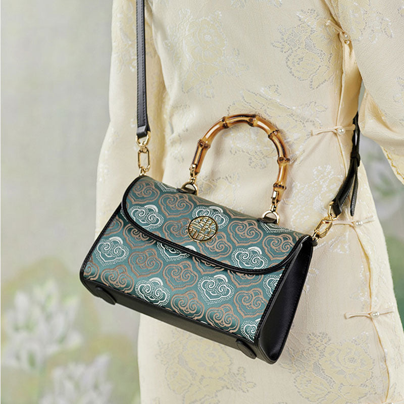 Embroidery Leather Handbag Zhuang Brocade Bamboo Handle-Handbag-SinoCultural-SinoCultural