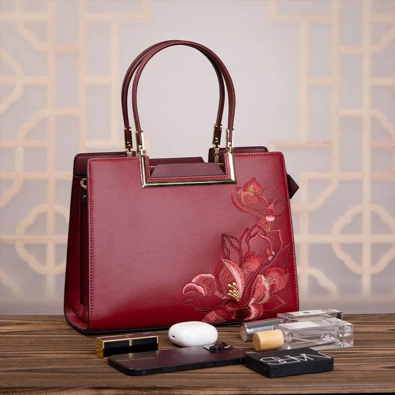 Embroidery Leather Red Tote Bag Magnolia Women s Handbag Sinocultural