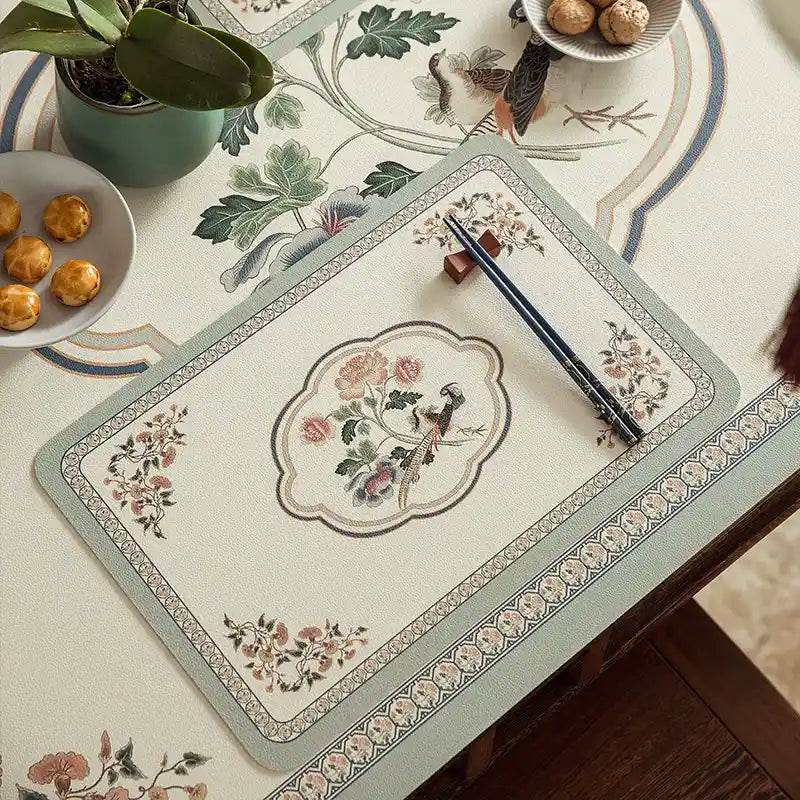 2-Piece Chinoiserie Spring Bird and Flower Pattern Washable Placemat - SinoCultural