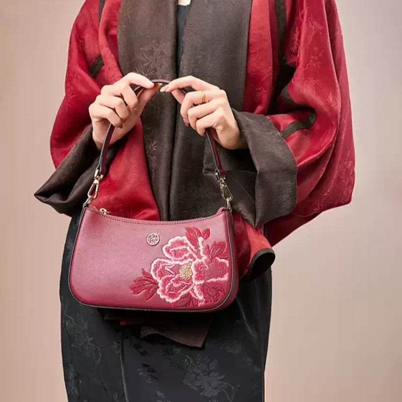 Embroidery Leather Red Shoulder Bag Peony Women's Hobo Handbag - SinoCultural -- P220212-2 - 