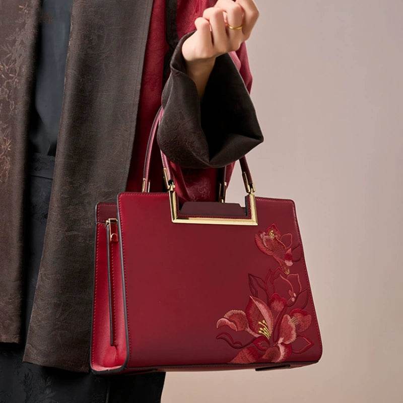 Sinocultural Embroidery Leather Red Tote Bag Magnolia Women's Handbag - SinoCultural