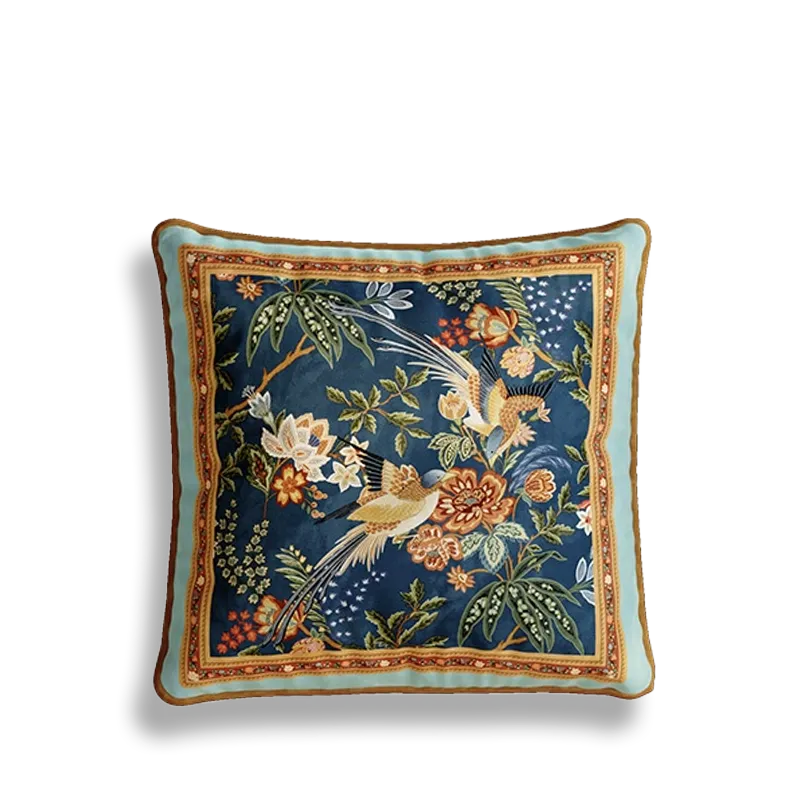 A-style chinoiserie luxury watercolor birds blossoms pillow, full coverage design.
