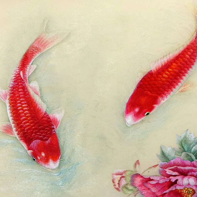 "Abundance and Prosperity" Embroidered Koi Art – Symbol of Wealth