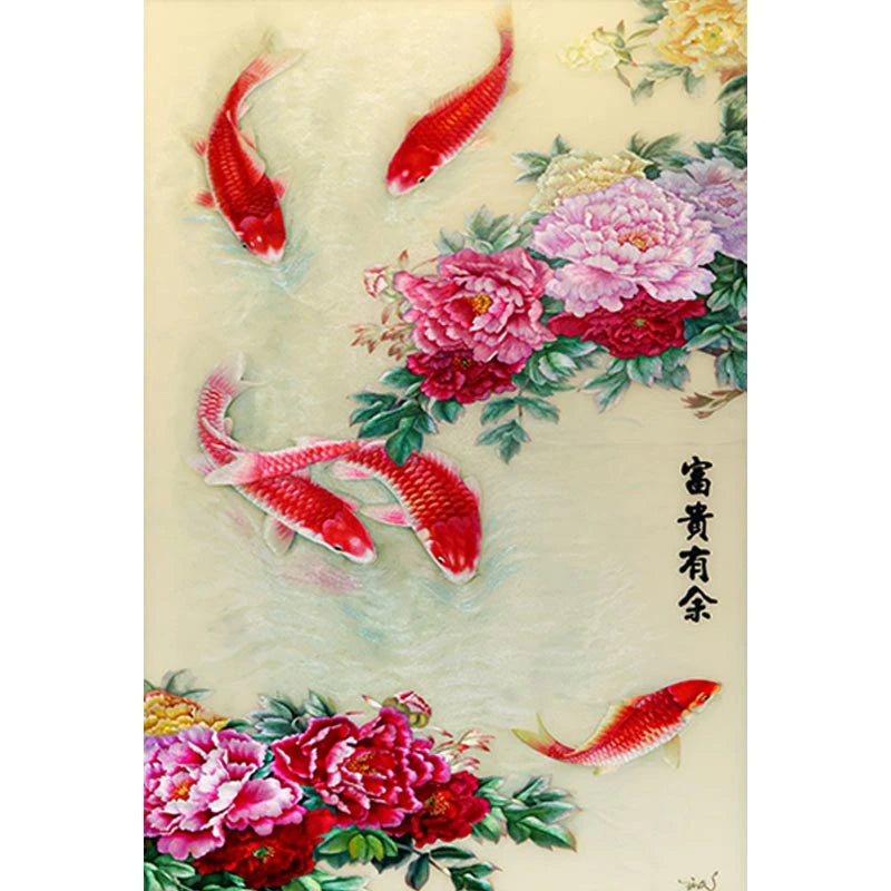 "Abundance and Prosperity" Embroidered Koi Art – Symbol of Wealth