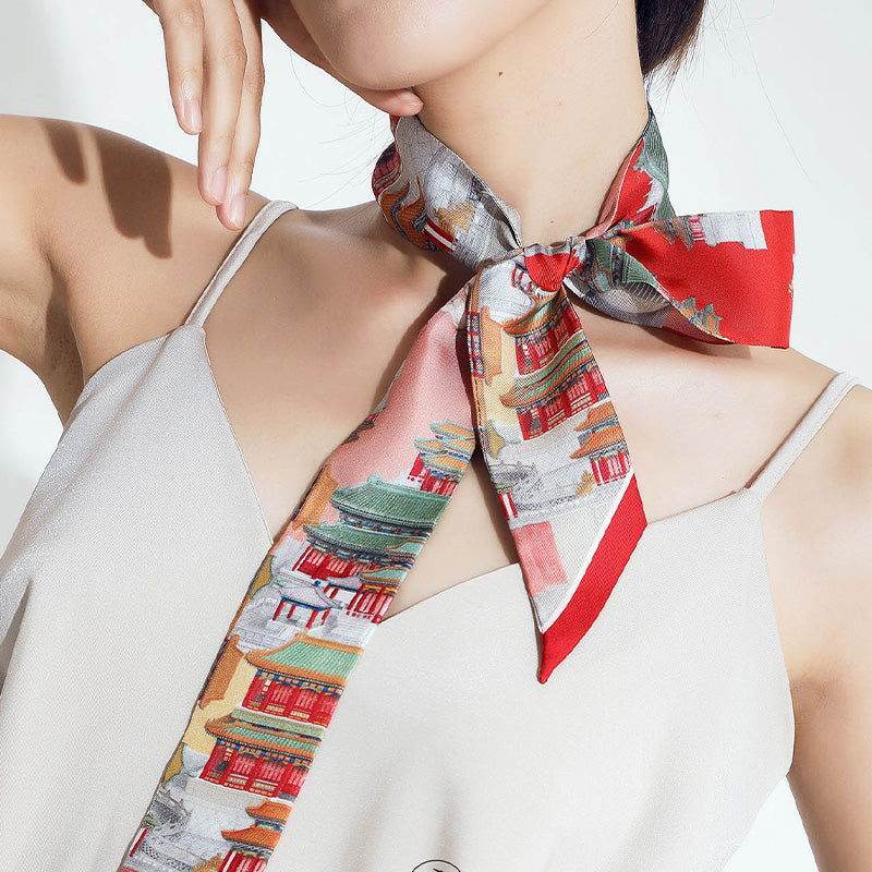 Mulberry Silk 16 Momme Forbidden City Silk Narrow Scarf 120x5cm - SinoCultural