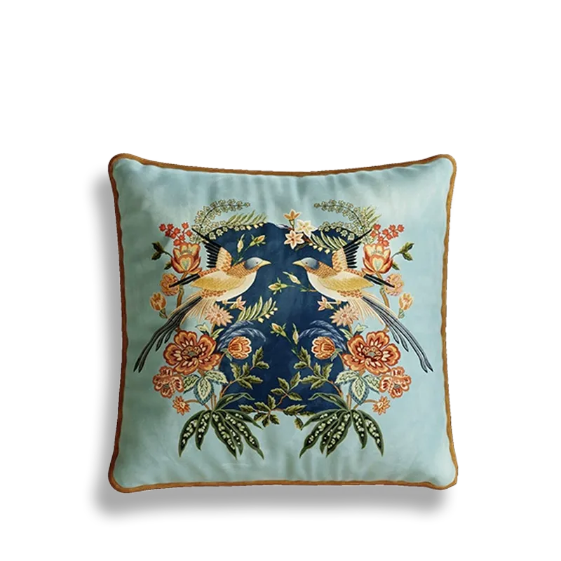 B-style chinoiserie luxury watercolor birds blossoms pillow, partial embroidery.