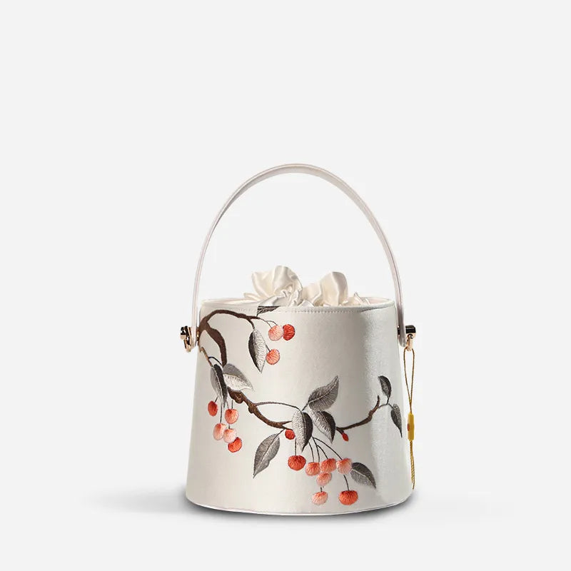 Cantonese Embroidery Drawstring Bucket Bag Cherry Blossom