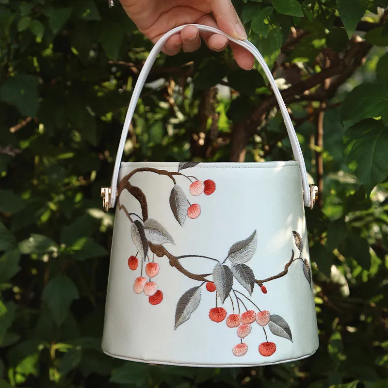 Cantonese Embroidery Drawstring Bucket Bag Cherry Blossom