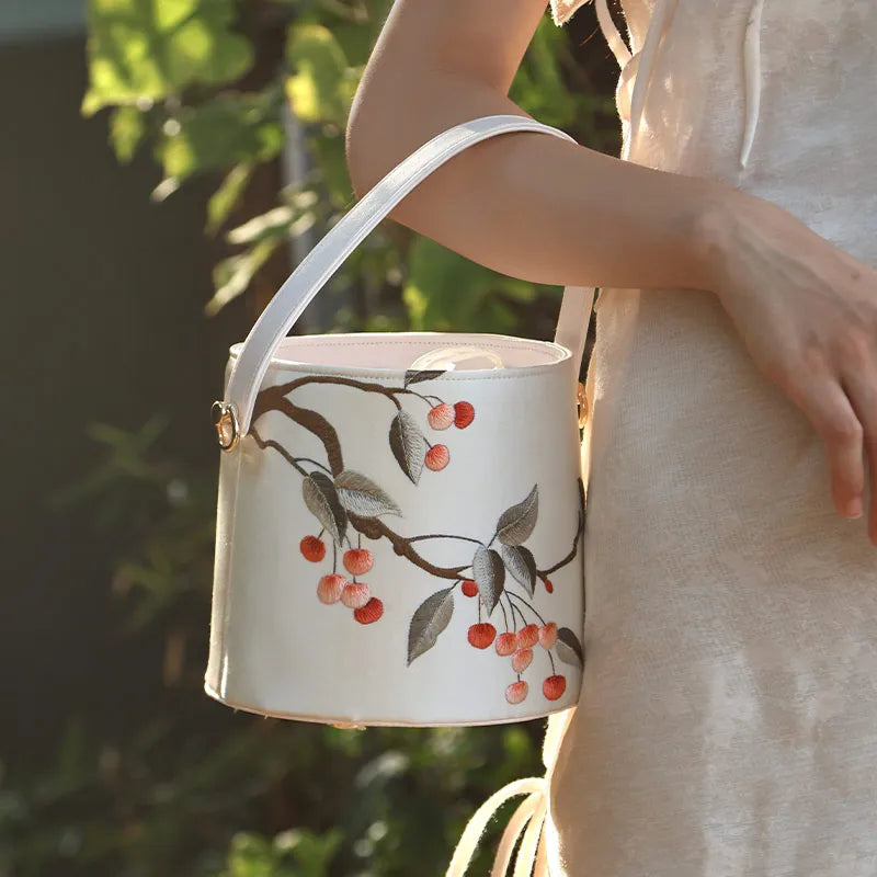 Cantonese Embroidery Drawstring Bucket Bag Cherry Blossom