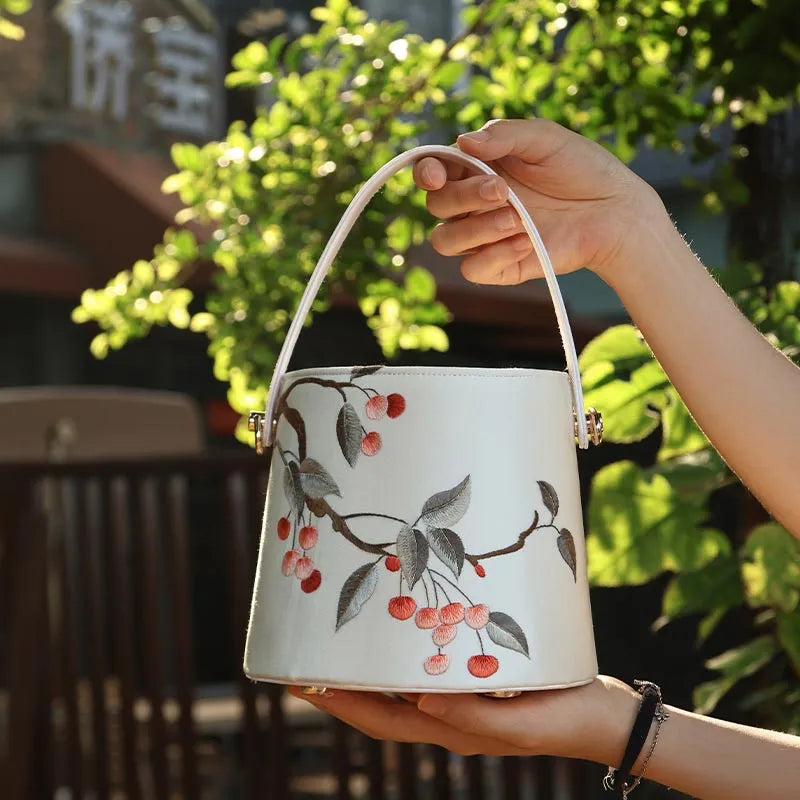 Cantonese Embroidery Drawstring Bucket Bag Cherry Blossom