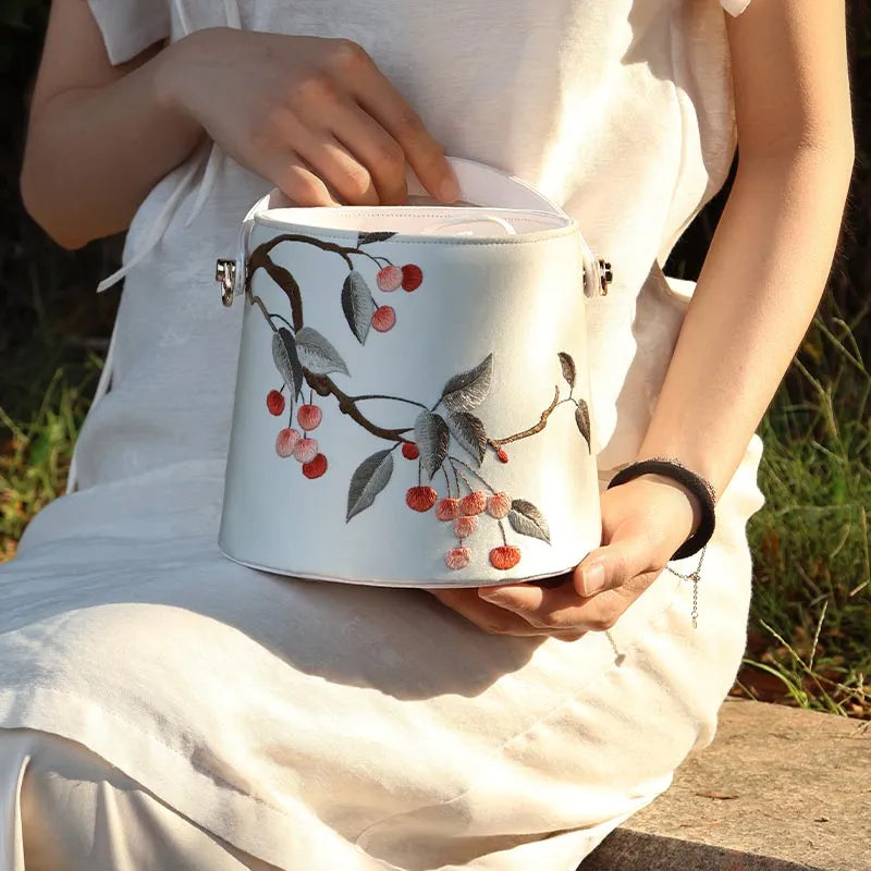 Cantonese Embroidery Drawstring Bucket Bag Cherry Blossom