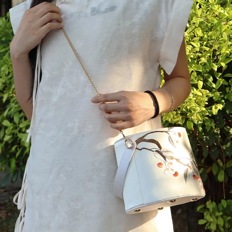 Cantonese Embroidery Drawstring Bucket Bag Cherry Blossom