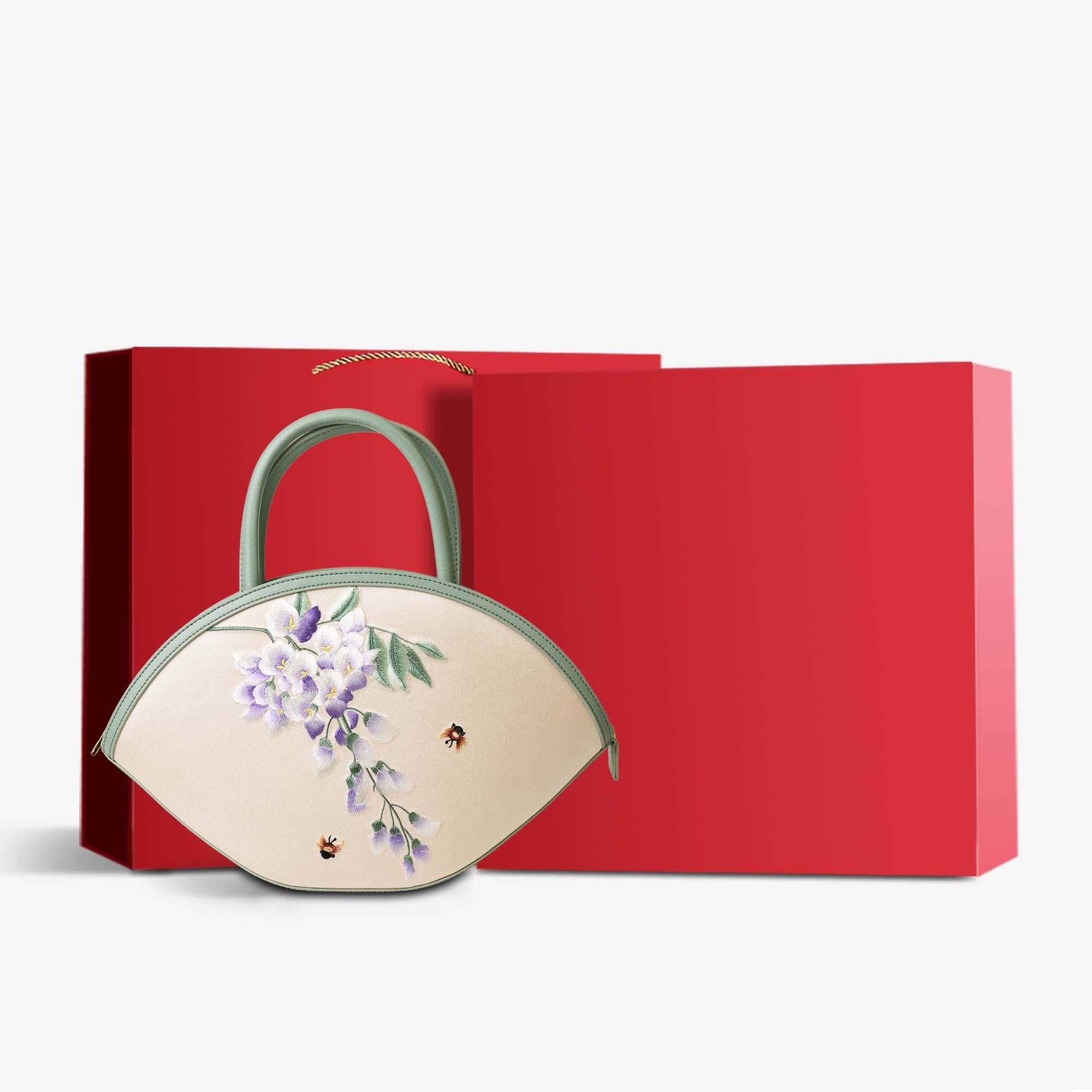 Embroidery Silk Wisteria Floral Handbag-Tote Bag-SinoCultural-Green-Bag with Gift Box-BXL06WCS204A01-g-SinoCultural
