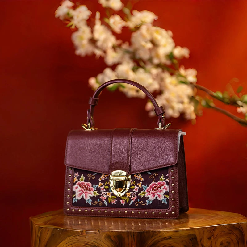 Handcrafted Embroidered Leather Handbag Red Peony-BXL06WCS206A01-SinoCultural