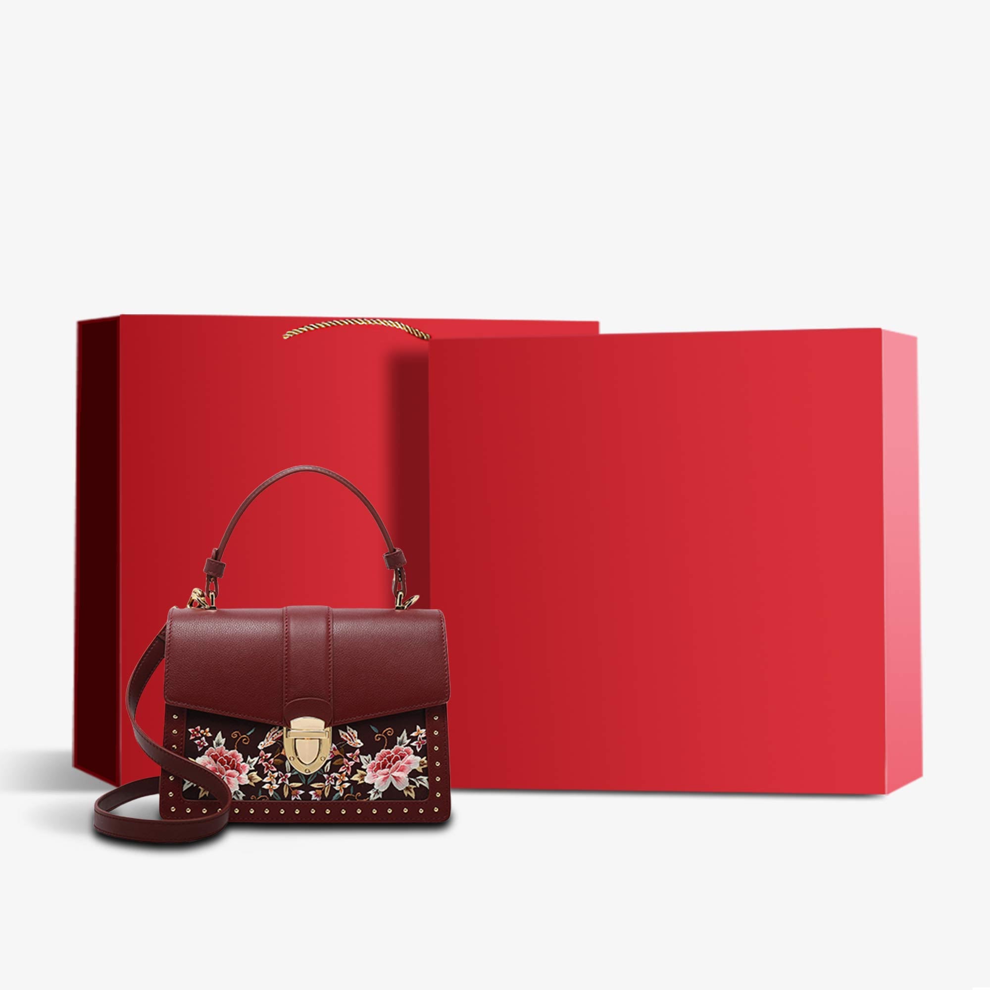 Handcrafted Embroidered Leather Handbag Red Peony-Shoulder Bag-SinoCultural-Maroon-Bag with Gift Box-BXL06WCS206A01-g-SinoCultural