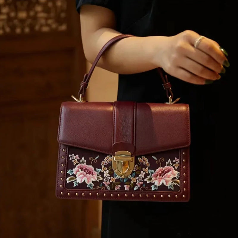 Handcrafted Embroidered Leather Handbag Red Peony-Shoulder Bag-SinoCultural-SinoCultural