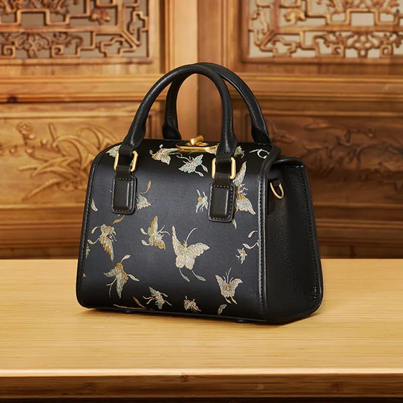 Brocade Boston Black Bag Butterfly Designer Women Handbag - SinoCultural