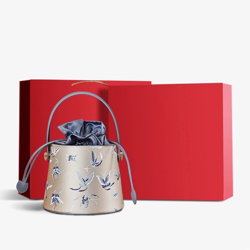 Brocade Jacquard Chic Butterfly Bucket Bag - Elegant Leather Handbag | SinoCultural