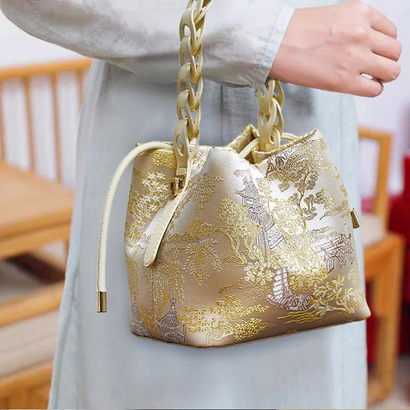 Brocade Jacquard Gold Bucket Bag New Chinese Style P17061904G