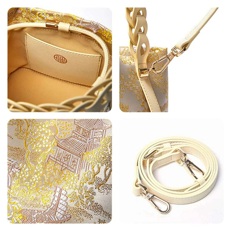 Brocade Jacquard Gold Bucket Bag New Chinese Style P17061904G