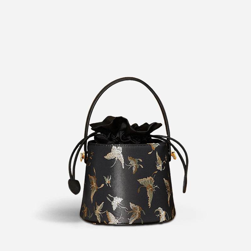 Brocade Black Bucket Bag Designer Butterfly Handbag - SinoCultural