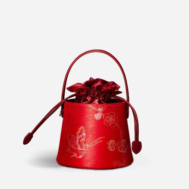 Brocade Black Bucket Bag Designer Butterfly Handbag - SinoCultural