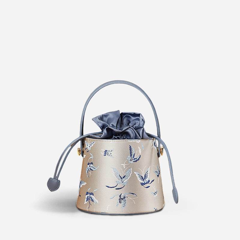 Brocade Black Bucket Bag Designer Butterfly Handbag - SinoCultural