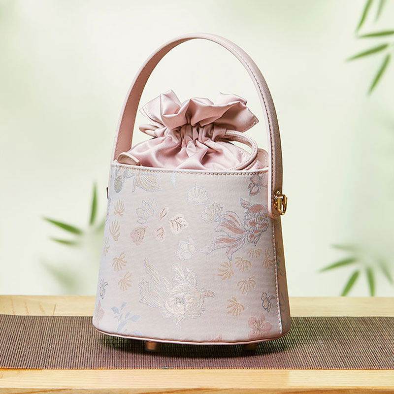 Brocade Jacquard Leather Drawstring Floral Powder Pink Bucket Bag - SinoCultural -- P17061804-1 - 