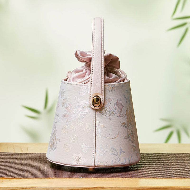 Brocade Jacquard Leather Drawstring Floral Powder Pink Bucket Bag - SinoCultural -- P17061804-1 - 