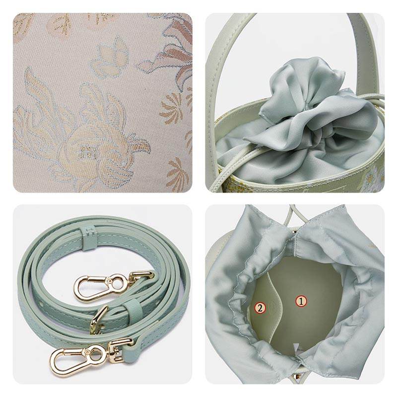 Brocade Jacquard Leather Drawstring Floral Powder Pink Bucket Bag - SinoCultural -- P17061804-1 - 