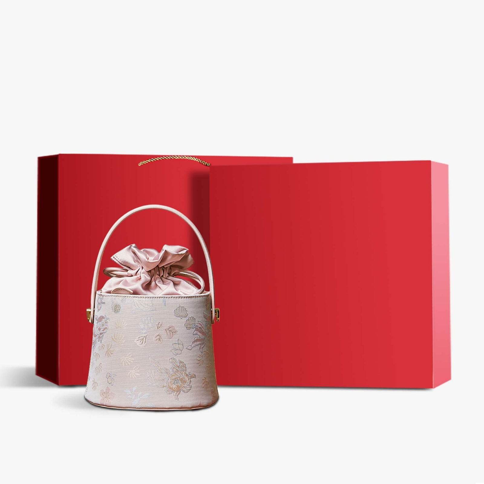 Brocade Jacquard Leather Drawstring Floral Powder Pink Bucket Bag - SinoCultural -- P17061804-1 - 
