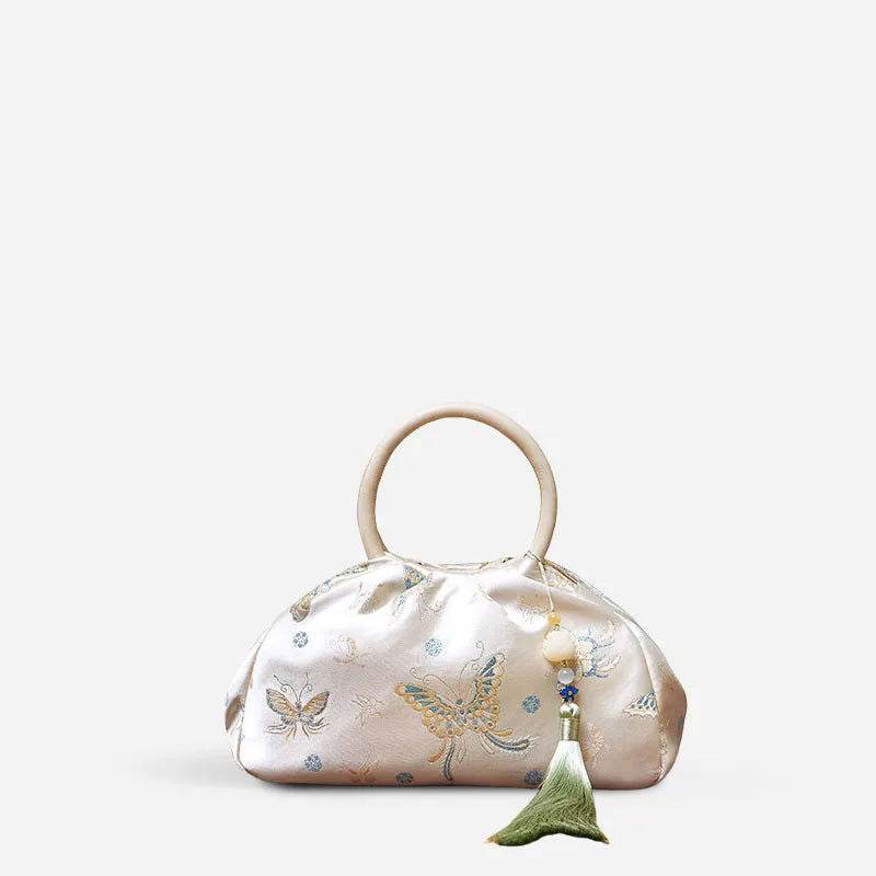 Brocade Chinese Style Designer Bag White Butterfly Handbag - SinoCultural -- P27061604-2 - 