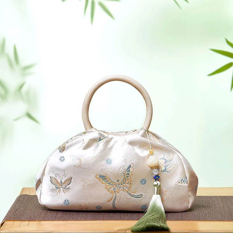 Brocade Chinese Style Designer Bag White Butterfly Handbag - SinoCultural -- P27061604-2 - 