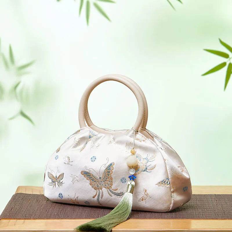 Brocade Chinese Style Designer Bag White Butterfly Handbag - SinoCultural -- P27061604-2 - 