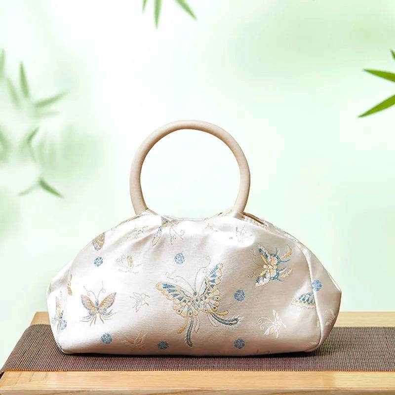 Brocade Chinese Style Designer Bag White Butterfly Handbag - SinoCultural -- P27061604-2 - 