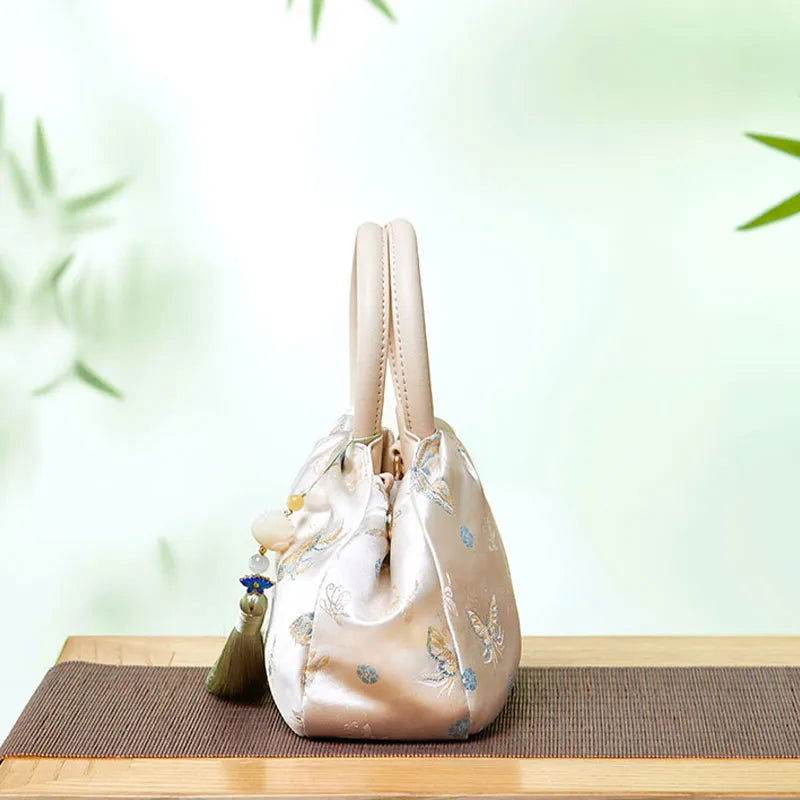 Brocade Chinese Style Designer Bag White Butterfly Handbag - SinoCultural -- P27061604-2 - 