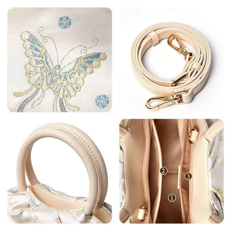 Brocade Chinese Style Designer Bag White Butterfly Handbag - SinoCultural -- P27061604-2 - 
