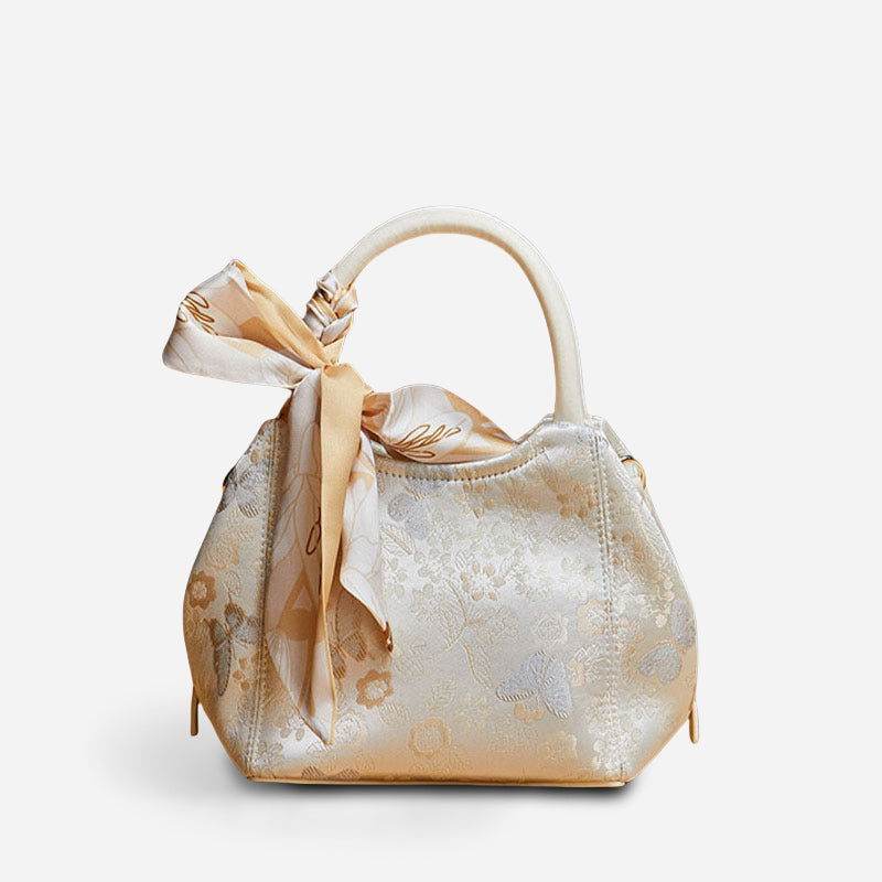 Brocade Silk Pink Butterfly Bucket Bag Designer Handbag - SinoCultural