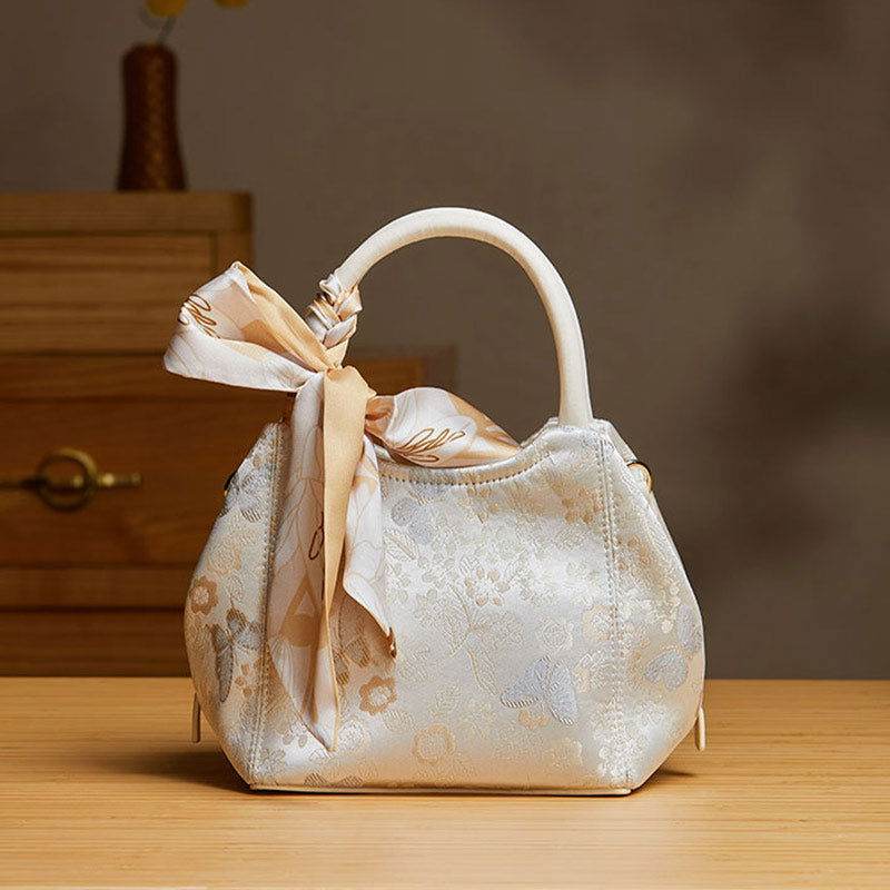 Brocade Silk Pink Butterfly Bucket Bag Designer Handbag - SinoCultural