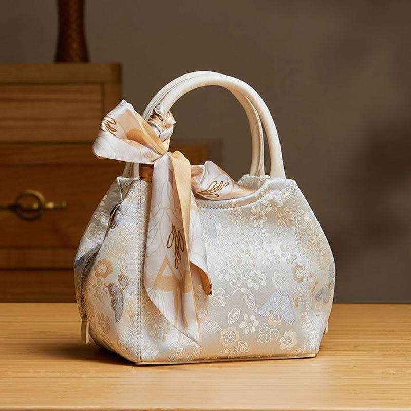 Brocade Silk Pink Butterfly Bucket Bag Designer Handbag - SinoCultural
