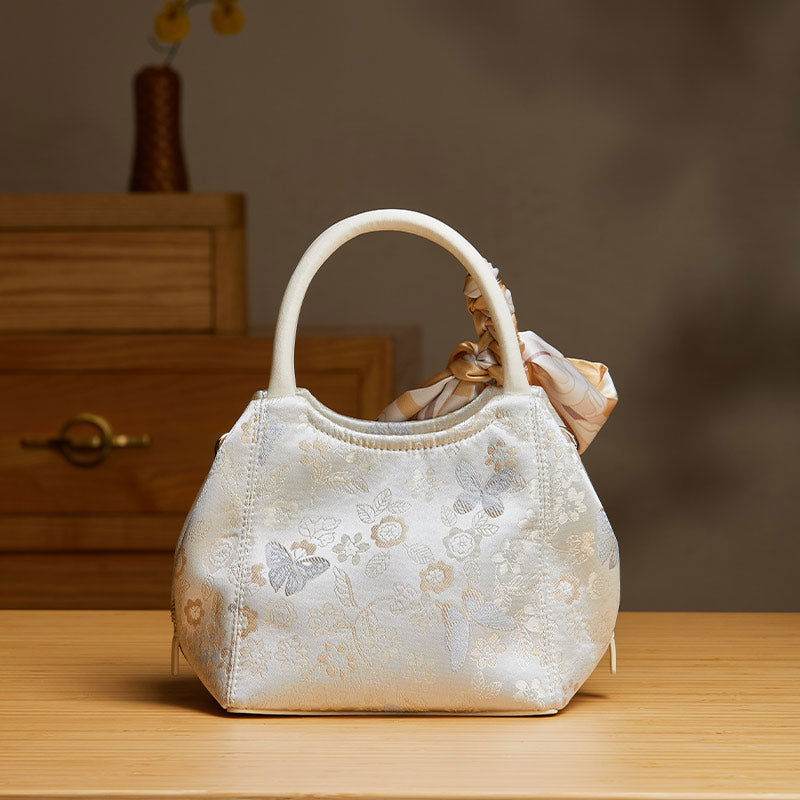 Brocade Silk Pink Butterfly Bucket Bag Designer Handbag - SinoCultural