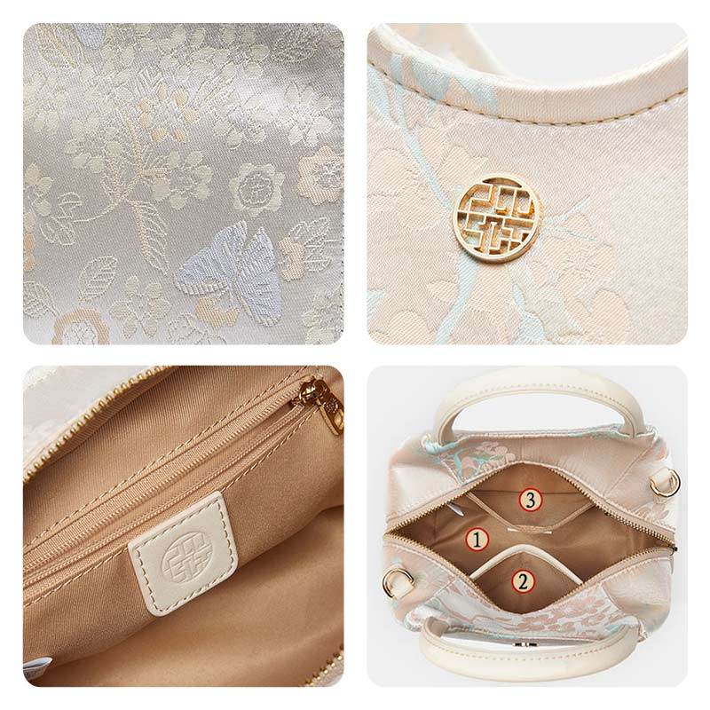 Brocade Silk Pink Butterfly Bucket Bag Designer Handbag - SinoCultural