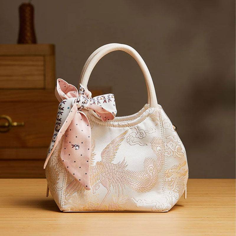 Brocade Jacquard Silk Powder Pink Phoenix Bucket Bag - SinoCultural